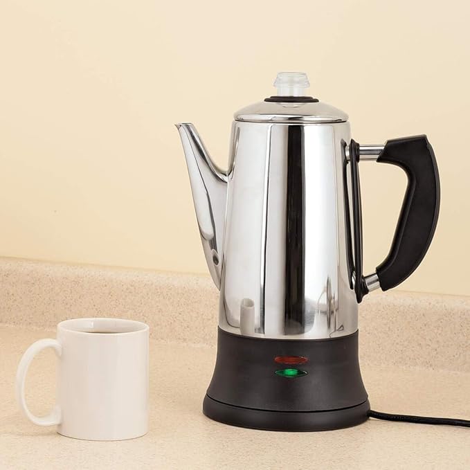 Fox Valley Traders Home Marketplace 12-Cup Electric Coffee Percolator - Stainless Steel Coffee Maker for Strong, Flavorful Brew | No Paper Filters Needed, Easy Serve, Nostalgic Design