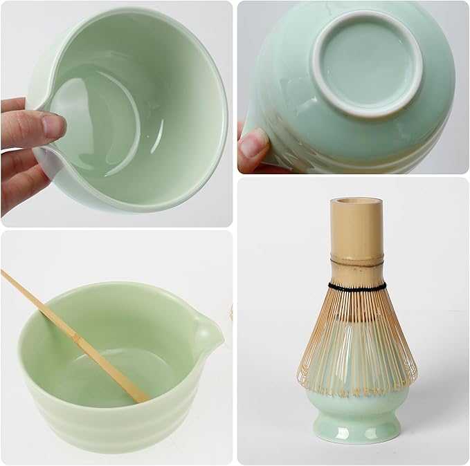 Matcha Whisk Set, 4 Pcs Matcha Set Includes Ceramic Matcha Bowl with Spout, Matcha Whisk Holder, Bamboo Matcha Whisk and Scoop - Green Matcha Tea Set, Cute Matcha Kit Set for Matcha Lovers