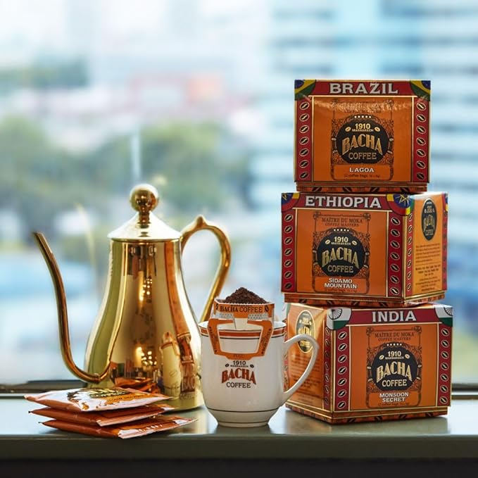 Bacha Coffee | Sidamo Mountain Ethiopia Single Origin, Medium Dark Roast, 100% Arabica Specialty Coffee, 12 Coffee Drip Bags, Gift Box