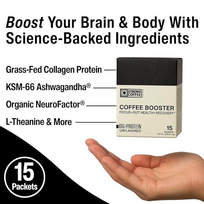 STRONG Coffee Co. Coffee Booster | 10g Collagen Coffee Protein with Nootropics & Adaptogens, NeuroFactor®, Ashwagandha, L-Theanine & Electrolytes for Focus & Balanced Energy | 15 Packets