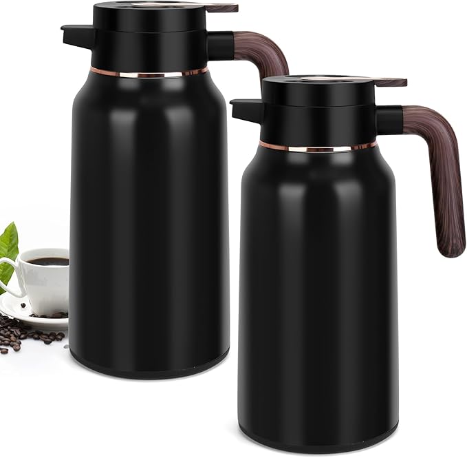 68oz Thermal Coffee Carafe, Stainless Steel Carafes for Hot Liquids 24 Hours, Insulated Coffee Carafes For Keeping Hot Coffee, Hot Water, Tea, Hot Beverage (2 Pack Black)