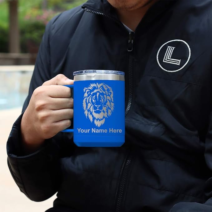 LaserGram 15oz Vacuum Insulated Coffee Mug, Tiki Statue, Personalized Engraving Included (Dark Blue)