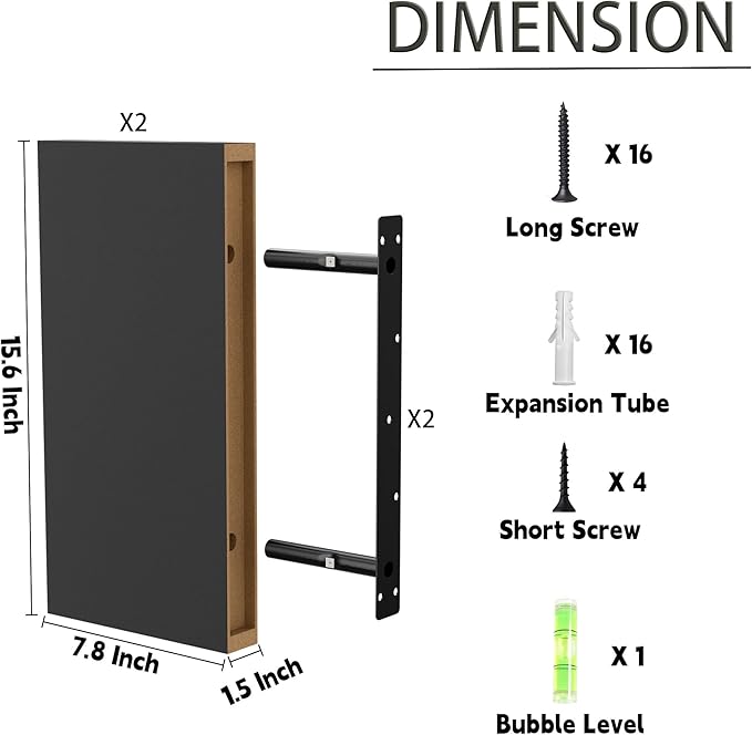 Black 16 Inch Floating Shelves for Wall, 8 Inch Deep Floating Shelves Set of 2, Wall Shelves for Bathroom Over Toilet, Live Edge Shelf with Invisible Brackets for Bedroom, Home Decor
