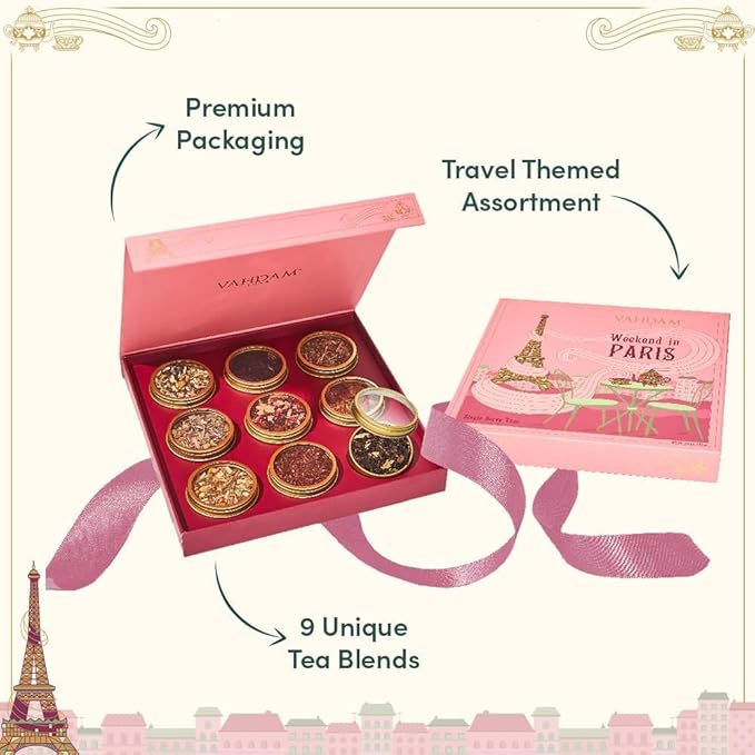 VAHDAM, Weekend in Paris Christmas Tea Gift Set - 9 Loose Teas | Tin Caddy Travel Edition Gift Box | Christmas 2025 Gift Ideas for Women & Men | Gluten Free, Non GMO