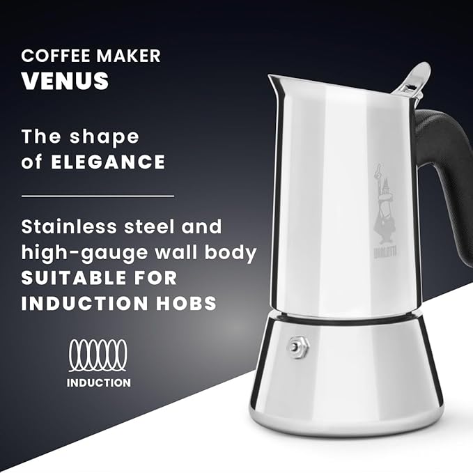 Bialetti - New Venus, stainless steel espresso coffee machine, suitable for all types of stoves, 2 cups (85 ml), aluminium, silver (Not induction safe)