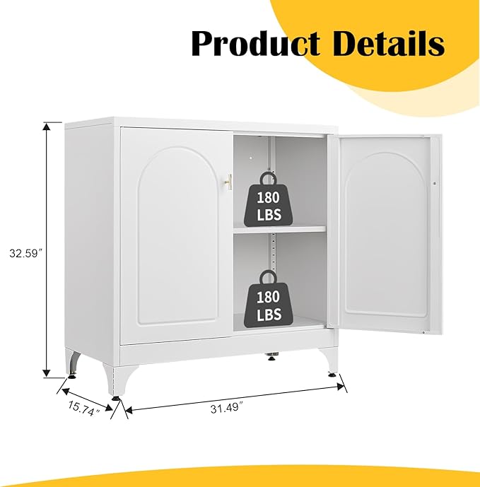 Metal Sideboard Buffet Cabinet with Storage,33 Inch Coffee Bar Cabinet with Adjustable Shelf, White Kitchen Sideboard Cabinets for Dining Room, Living Room
