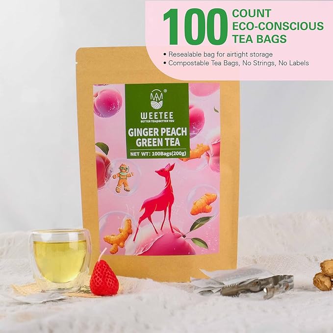 WT WEETEE Ginger Peach Green Tea Bags, Made of Green Tea, Ginger & Natural Peach Flavor, Low Caffeine Tea Bags 100 Counts, Fruity & Mildly Gingery Good for Iced