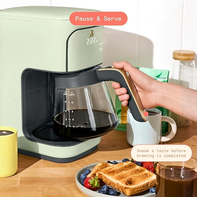 Beautiful 12 Cup Programmable Coffee Maker, Drip Coffee Machine with Glass Carafe, Automatic Brew Strength Control, Espresso Maker Function, Compact Espresso Machine (Sage Green)