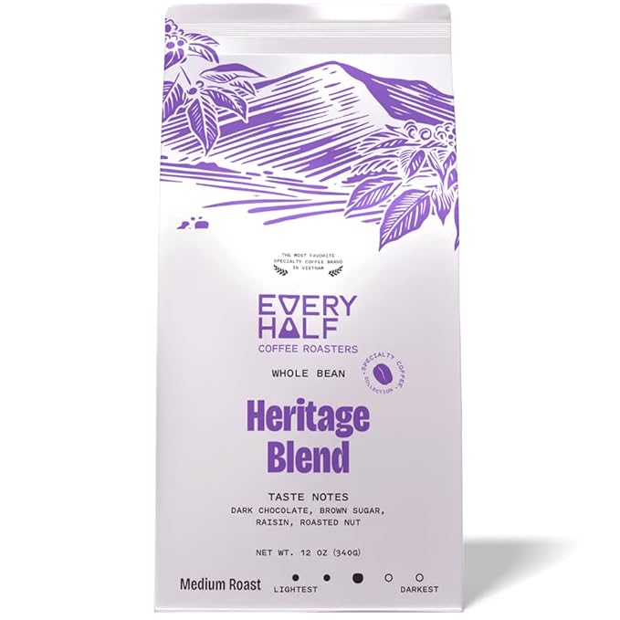 Every Half Coffee Roasters -Vietnamese Origin Coffee - Whole Bean Coffee Dark Roast - Low Acid, Fresh Roasted, Single Origin, Robusta Arabica Vietnam Blended 12 Oz (12 Ounce (Pack of 1), Heritage)