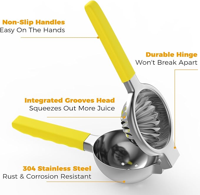 Lemon Squeezer Stainless Steel - Premium Quality, Heavy Duty Solid Metal Squeezer Bowl - Large Manual Citrus Press Juicer and Lime Squeezer (Yellow)