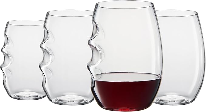 Unbreakable European Plastic Crystal, Stemless Wine Glasses | Set of 4, 13.5 OZ | Acrylic Tritan Set with 3-Finger Indentations - Clear Short Tumbler Set, BPA Free, Reusable, Naturally Aerates Wine