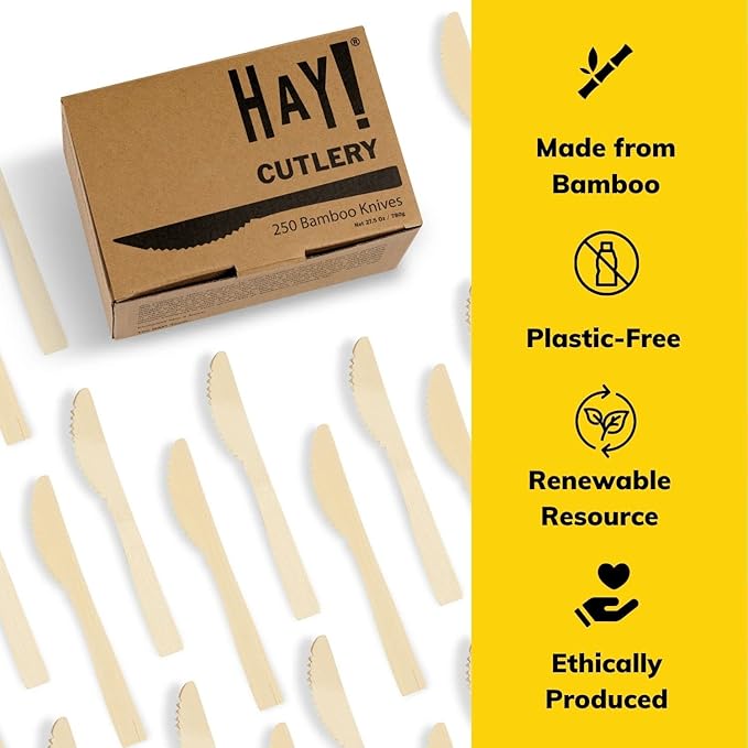 HAY! Bamboo Knives | 250 ct Unwrapped Knives | Biodegradable Utensils | Compostable & Plastic-Free | Heavy-duty Knife | For To-Go Meals or Events | Wooden Knife