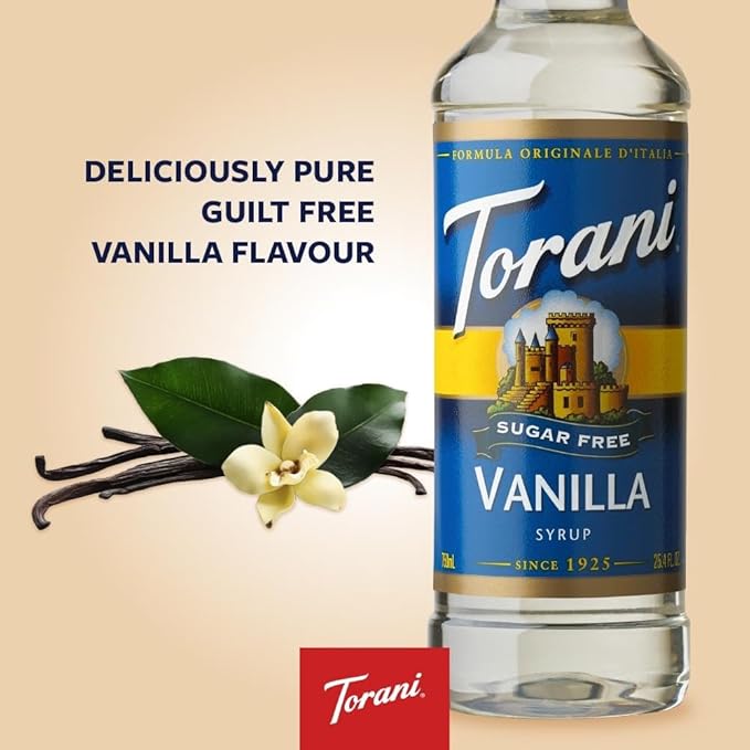 Torani Sugar Free Coffee Syrup, Vanilla Flavored Syrup for Drinks, Zero Calorie, Pump Included, 25.4 Fl Oz