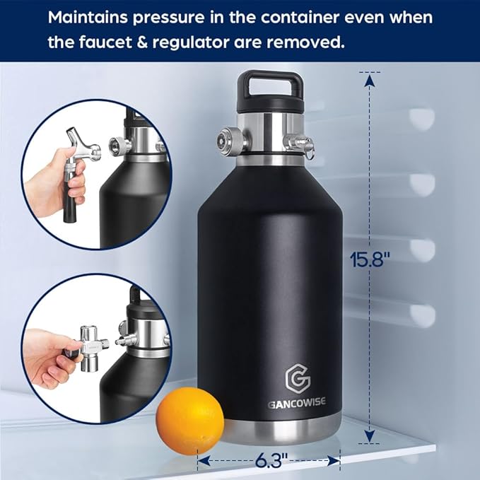 128oz Double-Walled Mini Keg Growler, Stainless Steel Vacuum Insulated Home Dispenser System with Detachable Faucet & Regulator Keeps Homebrew, Craft, and Draft Beer Carbonated and Fresh