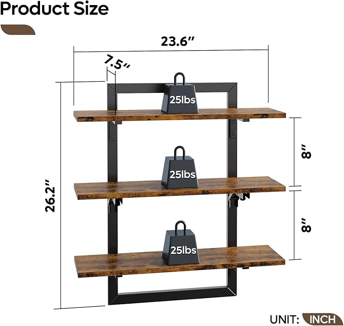 Bestier Floating Shelves for Wall, 24 inch Kitchen Shelves Wall Mounted, 3 Tier Coffee Bar Shelf with Foldable Brackets, Industrial Display Shelf for Bathroom, Living Room, Rustic Brown