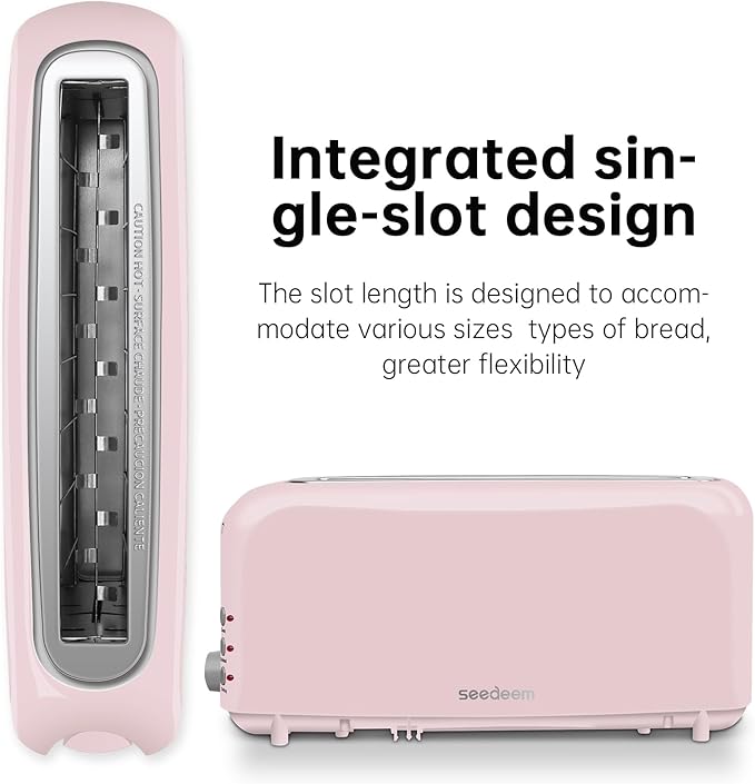 SEEDEEM 2 Slice Slim Toaster, Single 10" Long Slot Toaster Fits Bagels & Artisan Bread, 6 Shade Settings, Cancel/Reheat/Defrost, Removable Crumb Tray, Auto Shut-Off, Pink
