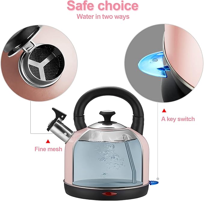 Electric Kettle Temperature Dash, YiiMO 2L Stainless Steel Hot Water Boiler with Thermometer for Tea Coffee 1200W, Auto Shut-Off Boil-Dry Protection BPA Free, Large Pink Retro Cute