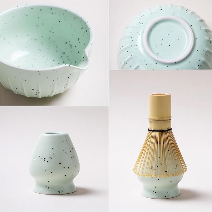 7Pcs Japanese Matcha Tea Set, Matcha Kit with Matcha Bowl (with Pouring Spout), Matcha Whisk, Whisk Holder, Strainer - Elegant Matcha Set for Gifting and Personal Use, Gift Box Packaging (Green spots)