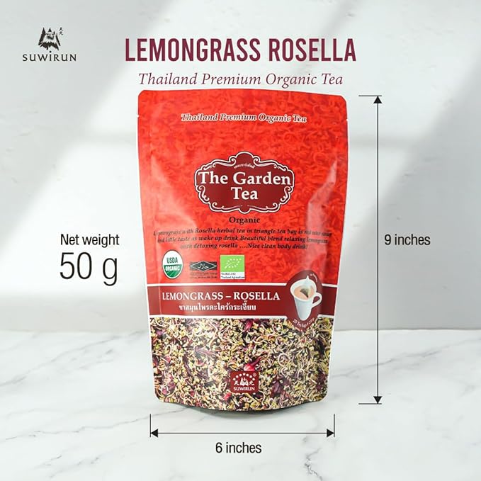Suwirun Organic Lemongrass & Roselle Tea 25 Bags – Product of Thailand – Tangy Hibiscus & Citrus Herbal Blend, Caffeine-Free, No Calories, Naturally Sweet & Refreshing