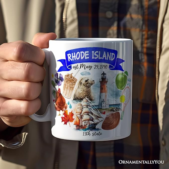OrnamentallyYou State Travel Landmark Mugs – 12 oz Ceramic Coffee Cups, U.S. Souvenir Gift for Tourists (Artistic Rhode Island State Themes and Landmarks Mug)