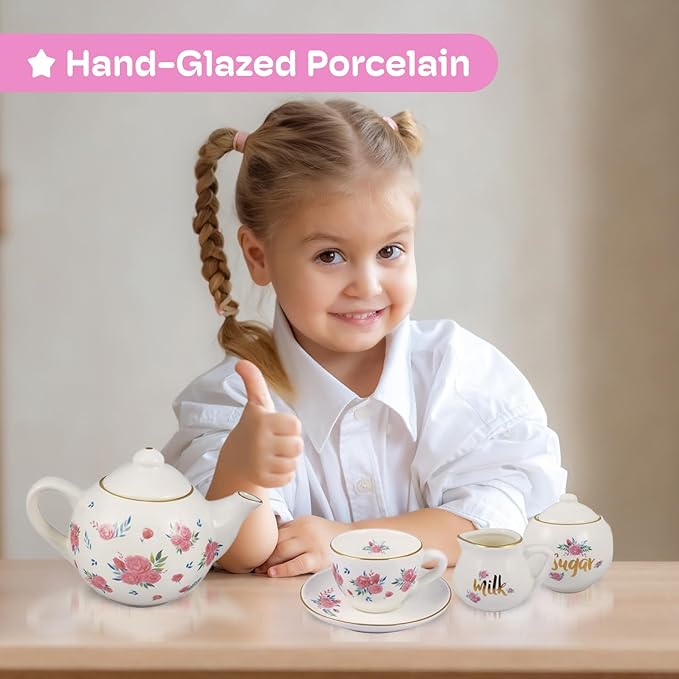 Porcelain Tea Set for Girls - Pink Ceramic Tea Cups with Pink Box - Glass Toy for Kids Party - Ideal Gift for Toddlers and Children's Ages 3 Years Old - Floral Design, 13 Pieces