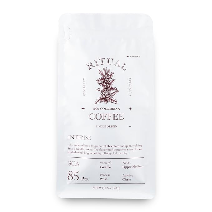Ritual Specialty Coffee - Colombian Single Origin Ground Coffee Gourmet, Intense Body, Upper Medium Roast 85+ SCA Score (Dark Chocolate, Almond & Malt),12oz (340g) 100% Castillo Variety