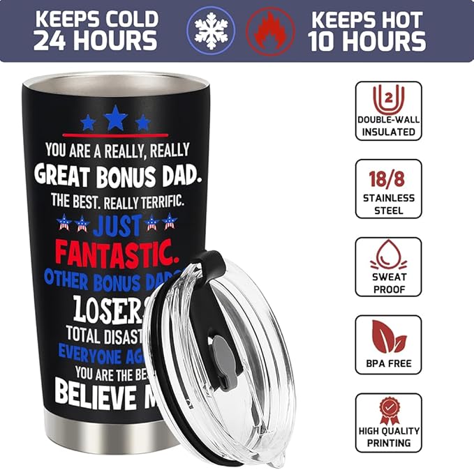 Best Bonus Dad Christmas Gift from Daughter Son Kids - Funny Birthday Gifts for Bonus Step Dad Stepdad, 20 OZ Stainless Steel Insulated Travel Coffee Tumbler Cup
