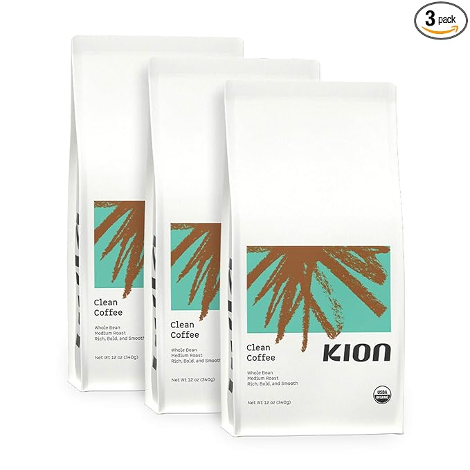 Kion Organic Whole Bean Coffee, Tested for Toxins, Ethically Sourced, Rich, Bold, and Smooth, Medium Roast 12 Oz (3 Pack)