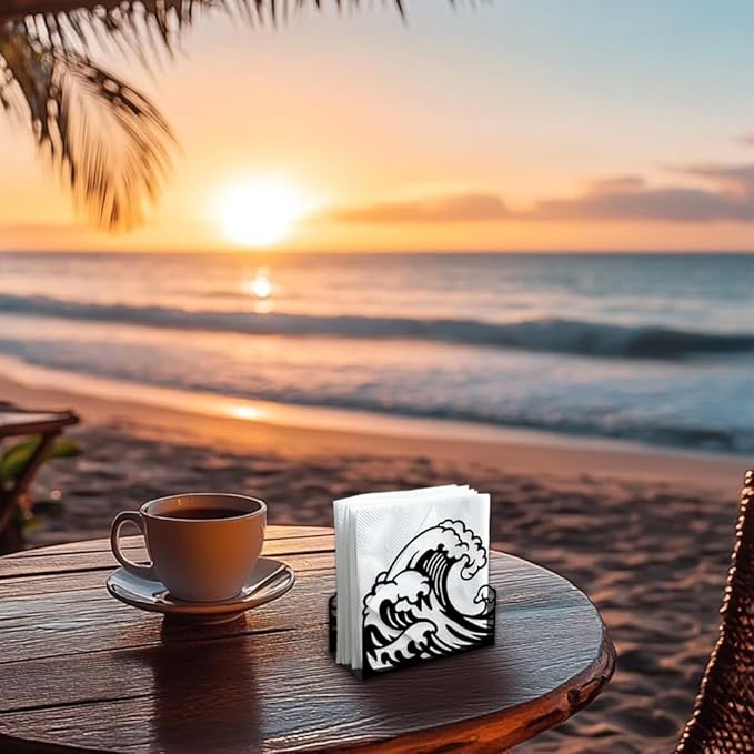 Ocean Waves Decorative Black Metal Napkin Holder for Table, 5.3" x 4.9" x 1.9" Sea Waves Standing Napkin Holder for Home Kitchen Restaurant Picnic Party Coffee Bar Dining Room
