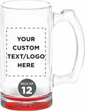 12 Libbey Beer Mugs Set, 12 oz. - Customizable Text, Logo - Groomsmen Glassware - Red