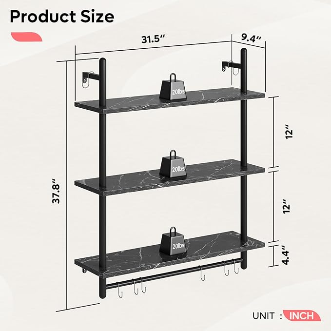 Bestier Floating Pipe Shelving, 31.5" Floating Kitchen Shelves Wall Mounted, 3 Tier Coffee Bar Shelf Ladder Bookshelf with Towel Bar Hooks for Kitchen Living Room Bathroom Bedroom, Black Marble