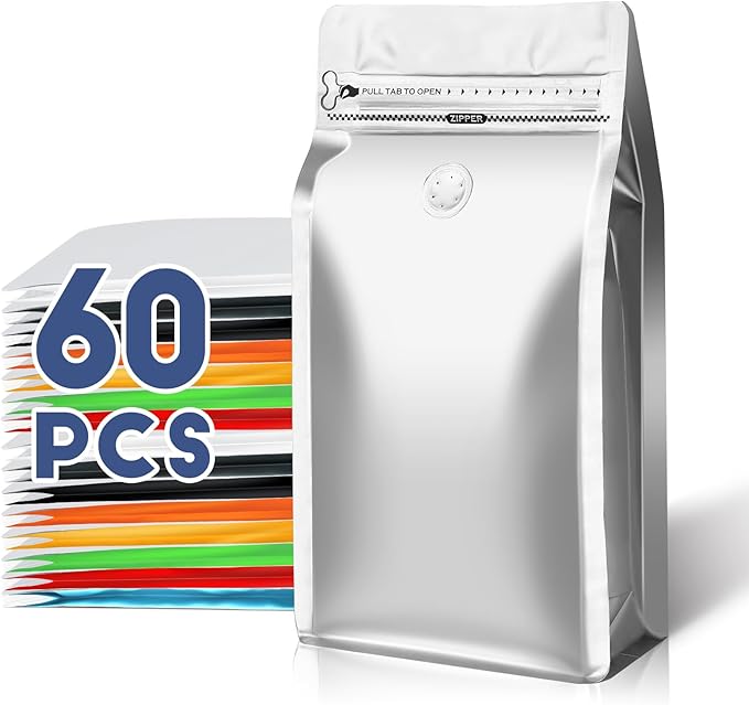 Coffee Bags with Valve(60pcs,4 oz,0.25 lb) Vented Coffee Beans Packaging Bags High Barrier Aluminumed Foil Flat Bottom Heat Sealed Side Zipper Resealable Storage Bag for Home or Business（Silver）