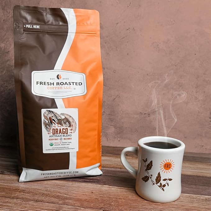 Fresh Roasted Coffee, Organic Drago Café Blend | USDA Organic, Kosher | Medium Roast 5 lb (80 oz) Ground