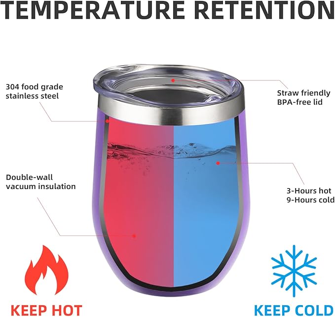 12 oz Insulated Wine Tumbler with Lid and Straw,Stainless Steel Stemless Wine Tumbler Double Wall Vacuum Wine Cups Tumbler Bulk for Coffee,Champaign,Cocktail,Office(Orange/Teal/Purple/Sky blue)