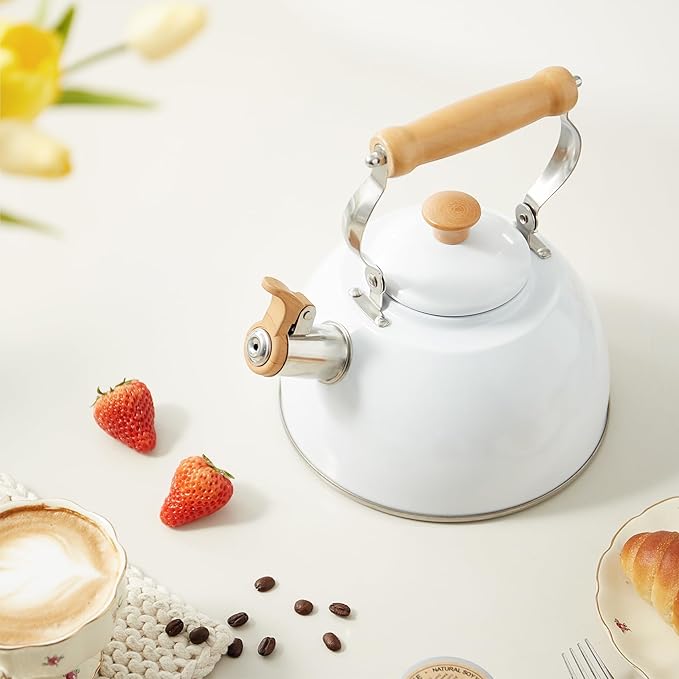 ROCKURWOK Tea Kettle, Tea Pot with Cool Touch Ergonomic Handle, Teapot Food Grade Stainless Steel, Tea Kettle Stovetop, Kettle Teapot, Whistling Tea Kettle, Small Tea Pot, 1.6 Quart (White)