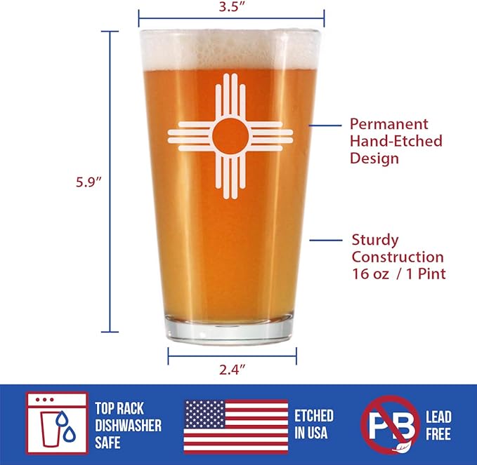 New Mexico Flag Pint Glass for Beer - State Themed Drinking Decor and Gifts for New Mexican Women & Men - 16 Oz Glasses