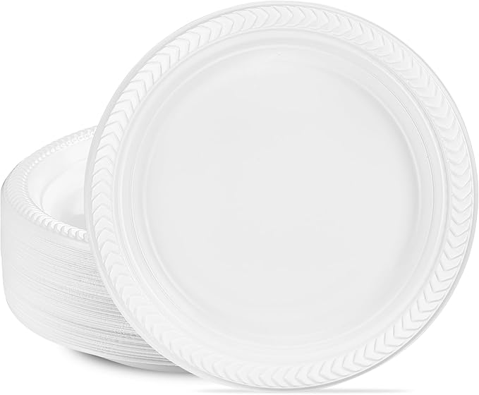 PLASTICPRO 100 PCS White Plastic Round 10" Inch Plastic Plates Premium Quality Light Weight Disposable Dishes Dinner Plates for Parties Weddings