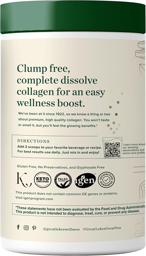 Great Lakes Wellness Collagen Peptides Powder for Skin, Hair, Nails, Joints & Digestion - Unflavored - Quick Dissolve Hydrolyzed, Non-GMO, Keto, Kosher - 10 oz