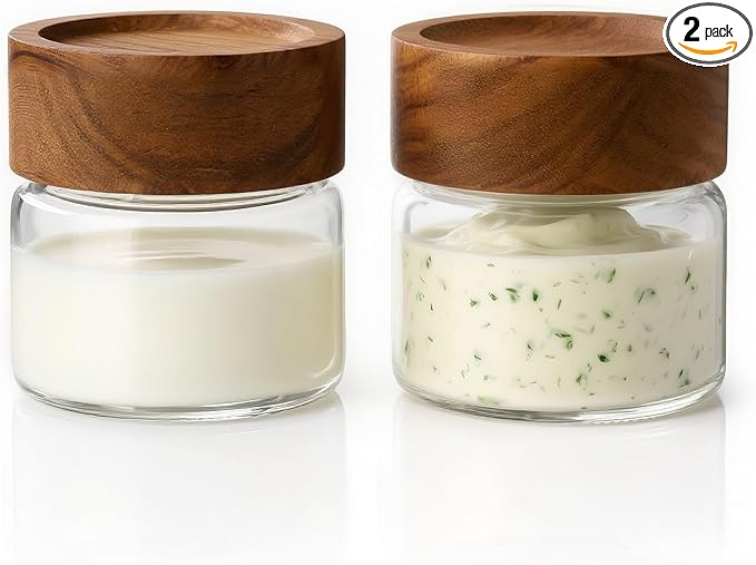 2-Pack 4 oz Leakproof Mason Jars with Airtight Acacia Wood Lids - Small Glass Food Storage Containers for Overnight Oats, Spices, Snacks, Kitchen Pantry Organization