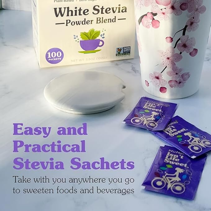 NuNaturals White Stevia Powder Packets, Single-Serve, Zero Calorie Sugar Substitute, 100 count (Pack of 2)