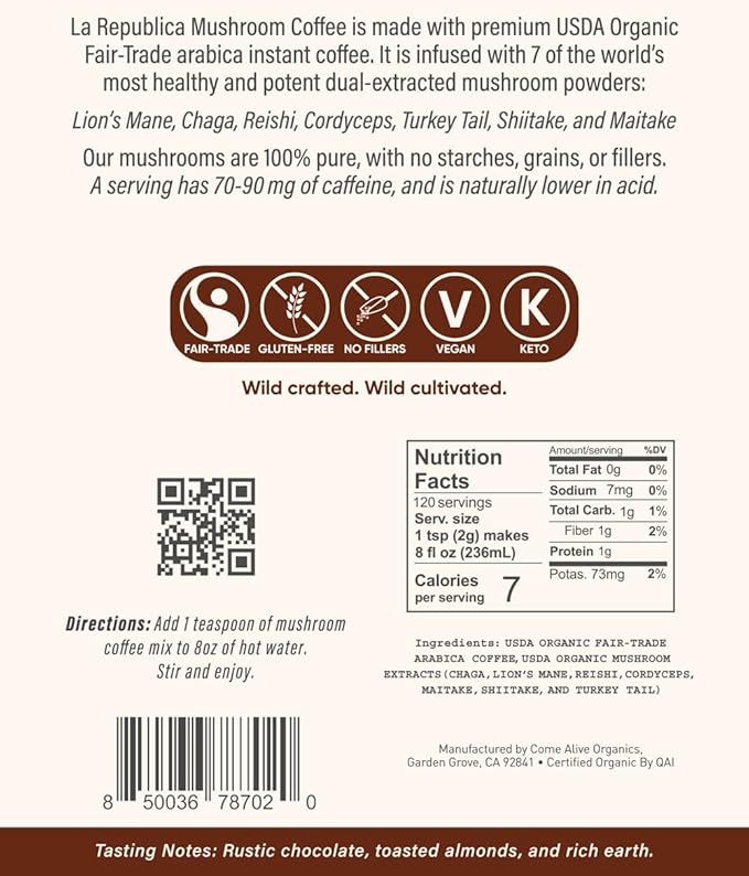La Republica Big Shot Instant Mushroom Coffee Organic (120 Servings) with Lion's Mane, Reishi, Chaga, Cordyceps, Maitake, Turkey Tail