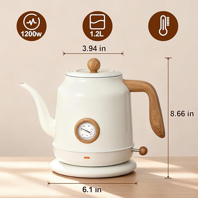 1.2L Electric Gooseneck Kettle with thermometer, Tea Kettle for Boiling Water, Gooseneck Electric Kettle for Coffee & Tea