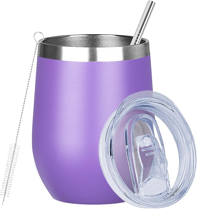 MEZMUT 12oz Insulated Wine Tumbler with Lid Double Wall Vacuum Stainless Steel Wine Glass Coffee Mug Insulated Tumbler Cup for Champaign, Cocktail, Beer (Purple, 1 Pack)