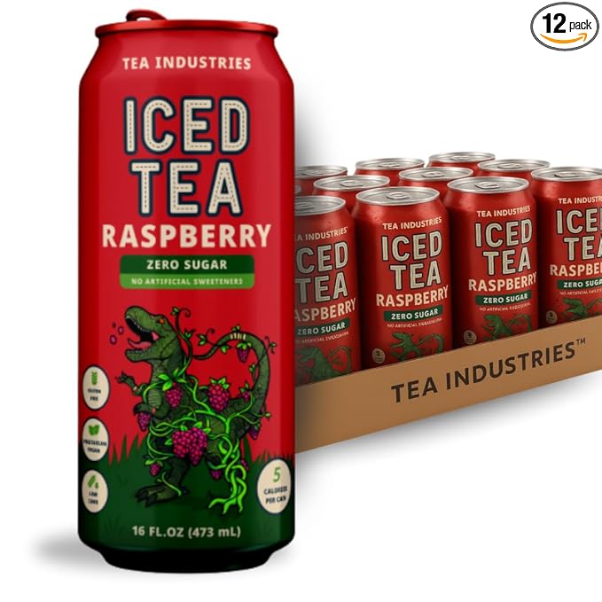 Tea Industries Black Tea with Raspberry Iced Tea – Sugar Free, Low Calorie Refreshing Drink, Natural Fruity Flavor, 16oz Cans (12-Pack)