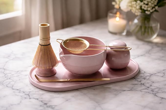Matcha Whisk Set, Premium 7 Pcs Ceramic Set Includes Bowl, Whisk and Holder, Bamboo Scoop, Canister, Sifter, and Tray