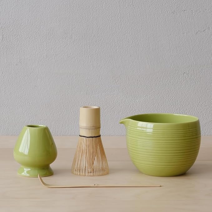 Matcha Whisk Set, Ceramic Matcha Bowl & Whisk Holder, Bamboo Accessory, Modern Design (Avocado Green, Pouring Spout)