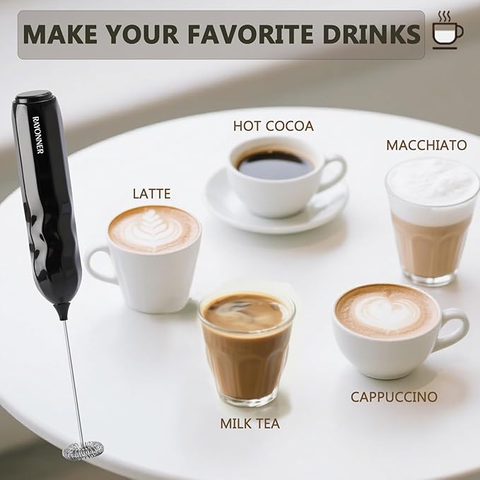 RAYONNER Milk Frother Handheld Fast Powerful Drink Mixer with Stainless Steel Whisk for Coffee, Battery Operated (Black with Stand)