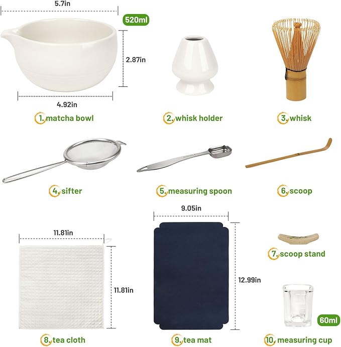 Matcha Whisk Set, Matcha Kit 10-Pcs, Bamboo Whisk and Bowl with Spout & Measuring Spoon & Glass, Japanese Tea Making Tools, White