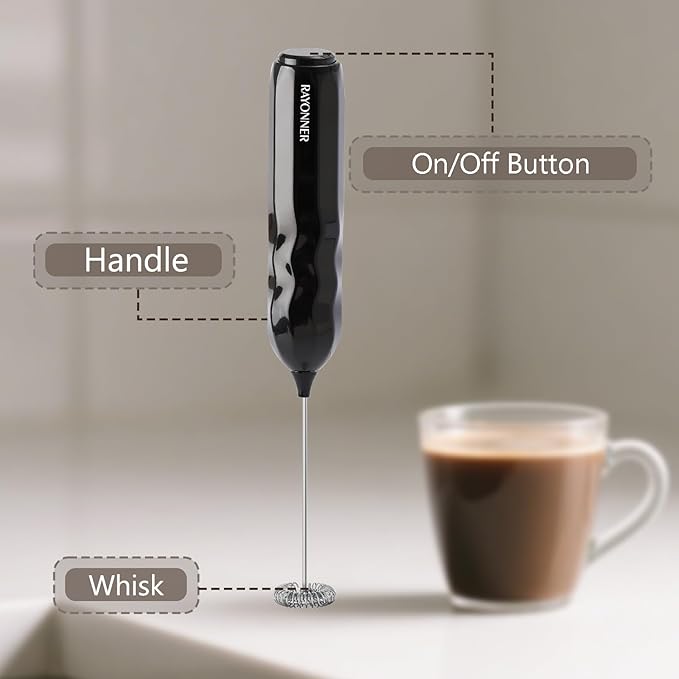 RAYONNER Milk Frother Handheld Fast Powerful Drink Mixer with Stainless Steel Whisk for Coffee, Battery Operated (Black)