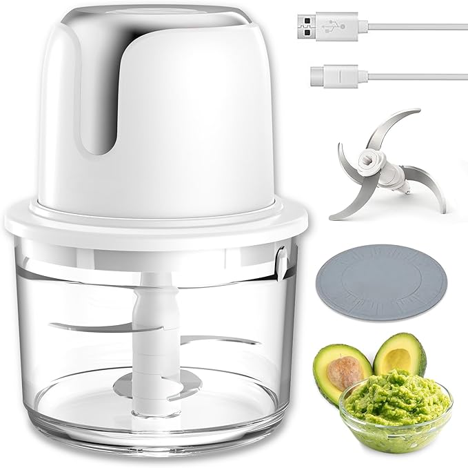 Food Processor Cordless, Small Wireless Chopper with 5-Cup Glass Bowl, 6000mAh Battery USB-C Rechargeable Electric Vegetable Chopper Meat Blender Kitchen Mixer for Garlic, Onion, Salad,Baby Food,White